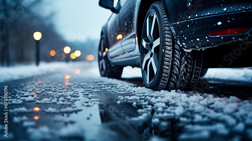 Closeup of car tires in winter on the road covered with snow photo