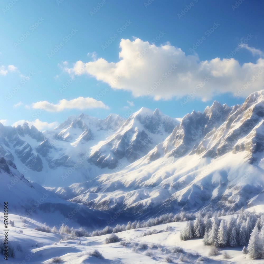 A majestic mountain range covered in a blanket of snow, with a clear blue sky