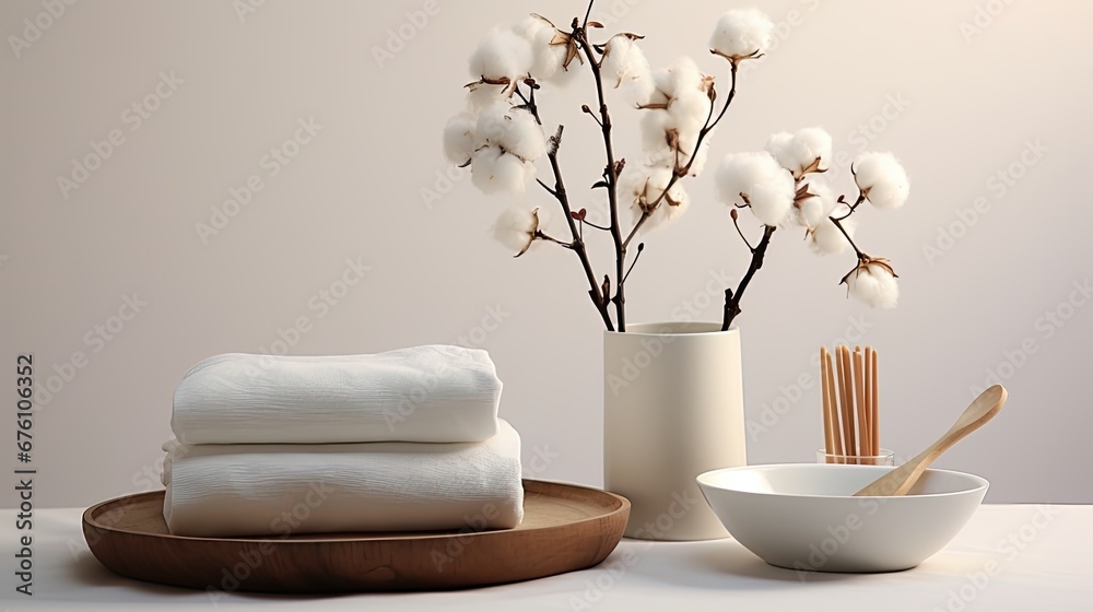 a round dish adorned with a white towel, cotton pads, a wooden brush, and a glass vase with a tree branch, an inviting empty space, perfect for natural beauty product advertising.