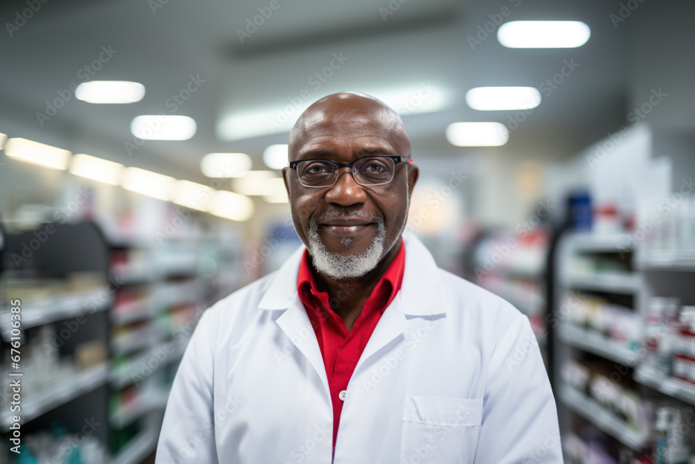 African-American adult male professional pharmacist red Christmas shirt standing in pharmacy shop or drugstore with medicines shelf. Health care celebrating New Year holiday concept