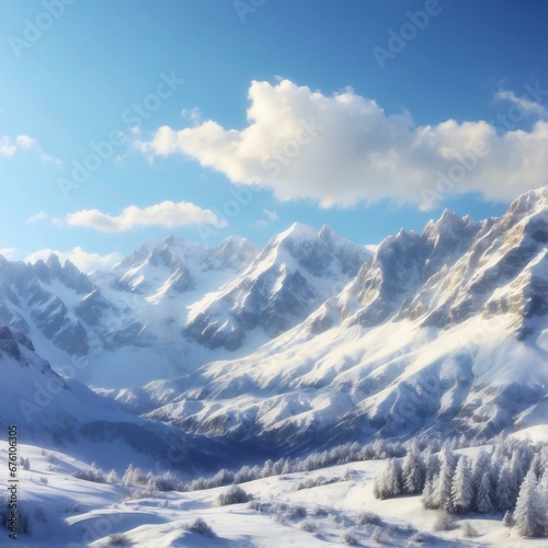 A majestic mountain range covered in a blanket of snow  with a clear blue sky