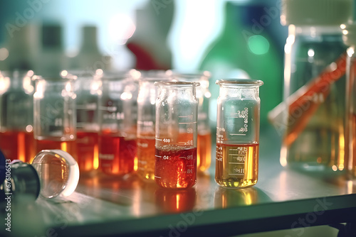 Glass bottle with liquid in a lab experiment with orange coloring liquid mixing in oil extraction in a different tube container