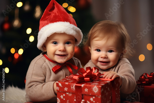 Two happy babies in Christmas Santa hats holding red present box with ribbow looking at camera fur bokeh tree on background. Celebrating happy Christmas Xmas New Year Eve December holiday concept