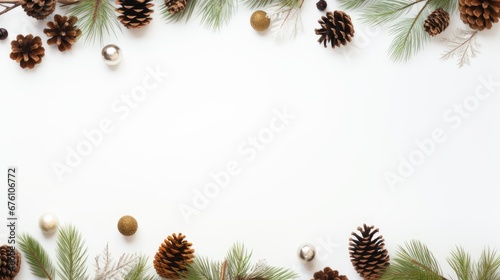 a frame of fir branches and pine cones on a clean white background  evoke the essence of the Christmas season and New Year celebrations  with a flat lay perspective  top view