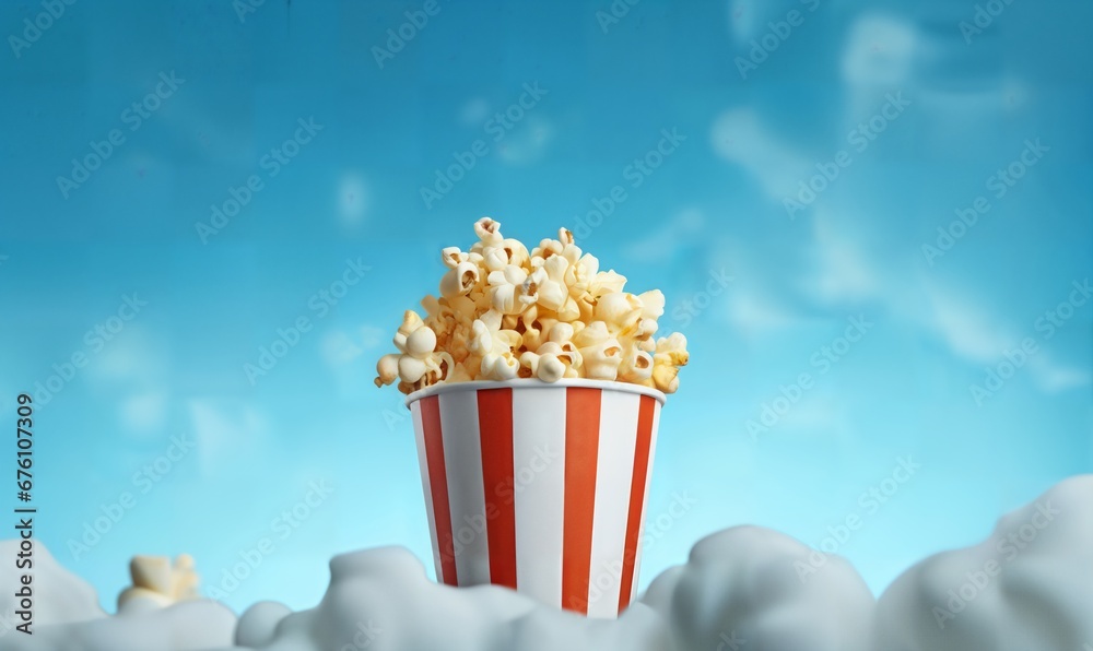 paper bucket with popcorn  on flat  background with copyspace
