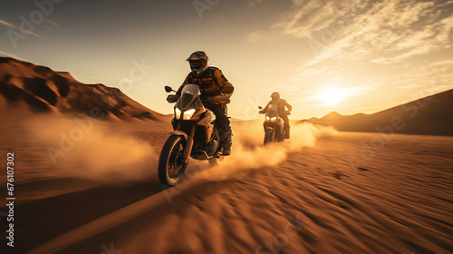 Motorcycle biker rider on Dakar desert dunes at sunset