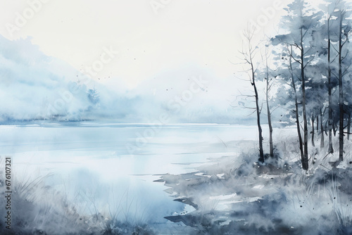 misty morning in the forest, watercolor blue landscape, background © Anna
