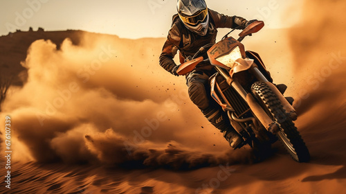Motorcycle biker rider on Dakar desert dunes at sunset