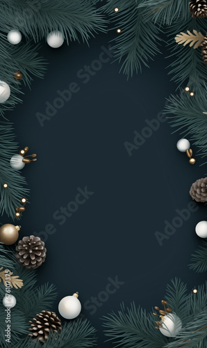Merry Christmas. A postcard of the year 2024. Dark Christmas background with balls and cones. Christmas fir branches with empty template for your text. Abstract holiday backdrop with copy space. 
