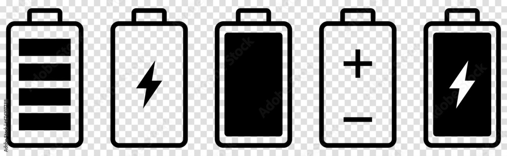 Set of battery icons. Battery charging signs. Vector illustration isolated on transparent background - obrazy, fototapety, plakaty 