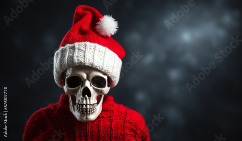 Close-up portrait of an anatomical skeleton head. Skull in Christmas sweater wearing red hat and smiling. Bright yellow studio background. Xmas New Year event celebration concept