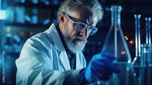 a scientist in gloves engaged in laboratory research, the scientist holding a glass flask and a test tube, capturing the essence of scientific exploration.