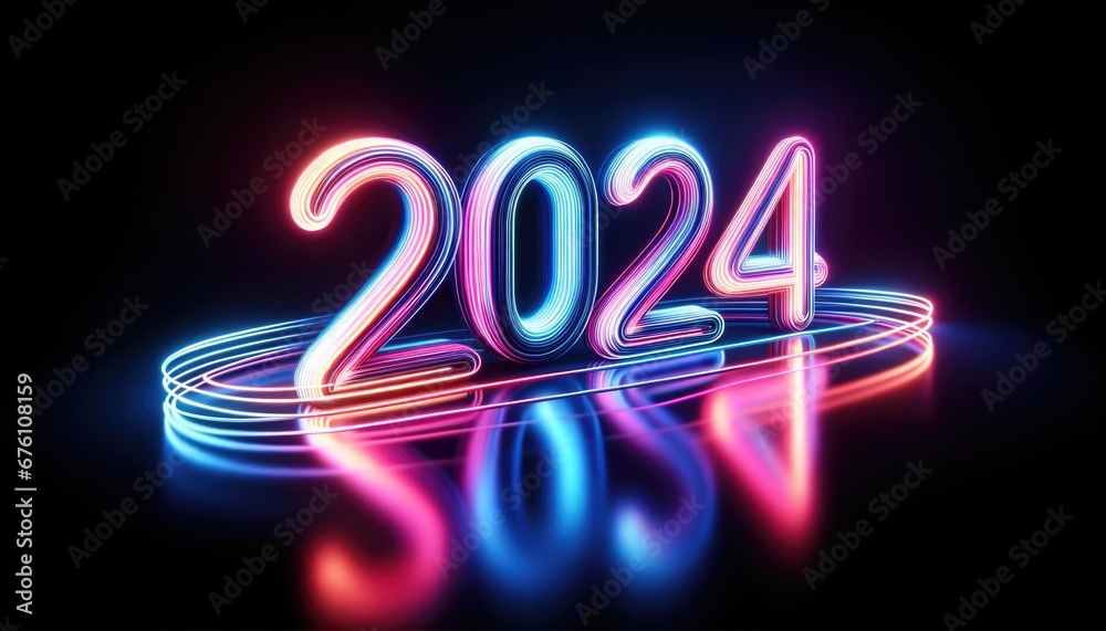 Vibrant neon light display of the number 2024, symbolizing the upcoming New Year, with vivid pink and blue hues reflecting on a sleek surface, creating a festive and futuristic atmosphere. Vibrant neon light display of the number 2024, symbolizing the upcoming New Year, with vivid pink and blue hues reflecting on a sleek surface, creating a festive and futuristic atmosphere.