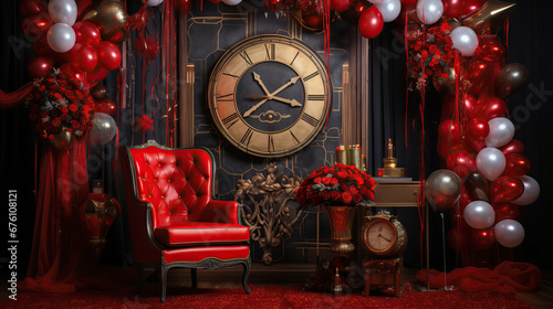 Classical look Chrismtas, New Year celebration background with decorations in bold red color. Red chair, balloons, flowers, decors. Great idea for interior, backdrop, background. 