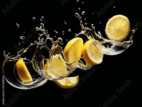 slices of lemons falling into water, on a black reflective background, water splashes