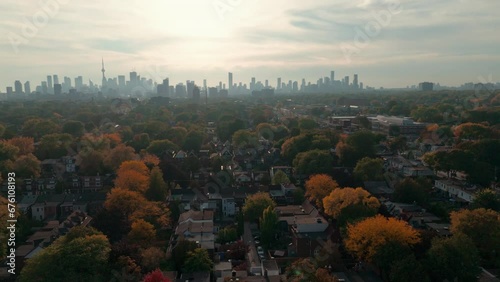 A reveal of Toronto's evening skyline looking west 