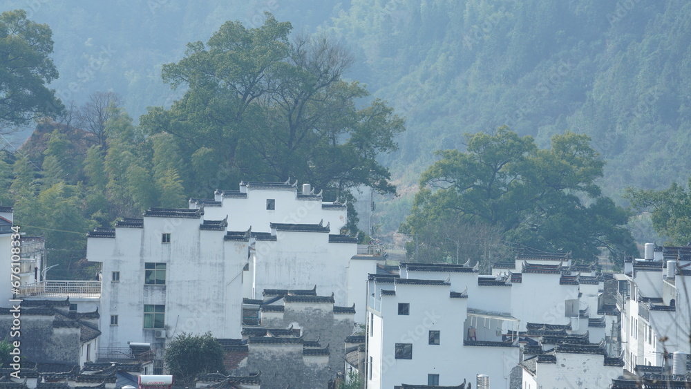 The beautiful countryside view with the old village and mountains on the south of the China