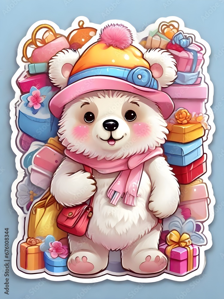 Sticker Illustration of a cute polar bear in a hat with gifts on a blue background, cute polar bear, hat, gifts, blue background, adorable illustration, holiday sticker, winter character, festive