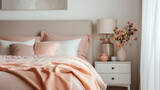 bedroom with a peach cosy bed and peach nightstand with white walls and curtain 