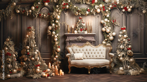 Classical look Chrismtas, New Year celebration background with decorations in green, red, gold  tones. With cozy sofa, fireplace. Christmas tree,  candles. Great idea for interior, backdrop, backgroun