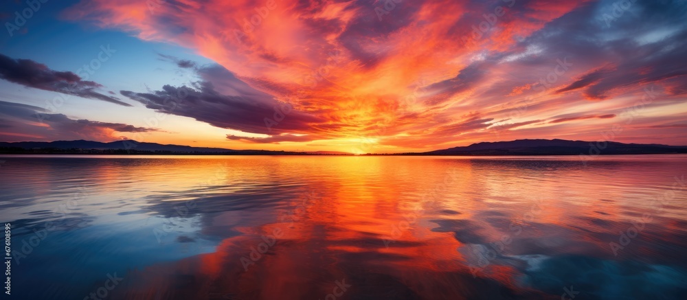 The background of the water and sky in the breathtaking European landscape showcased the vibrant colors of the sunset illuminating the beauty of nature with its colorful clouds and the gold The background of the water and sky in the breathtaking European landscape showcased the vibrant colors of the sunset illuminating the beauty of nature with its colorful clouds and the gold