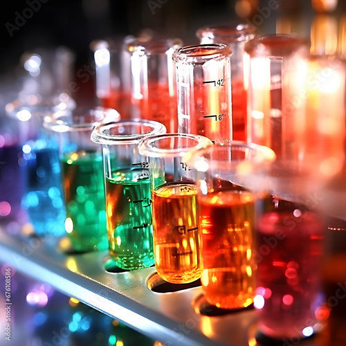 Scientific research in a technology-driven lab with the fancy color liquid experiment in tubes putting in lab test