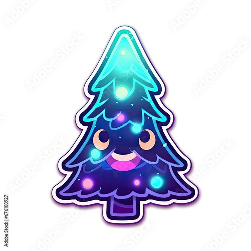 Christmas tree emoji sticker. Bioluminescent Christmas tree. A collection of merry Christmas emojis and logos. Collection of bioluminescent stickers. Generative ai