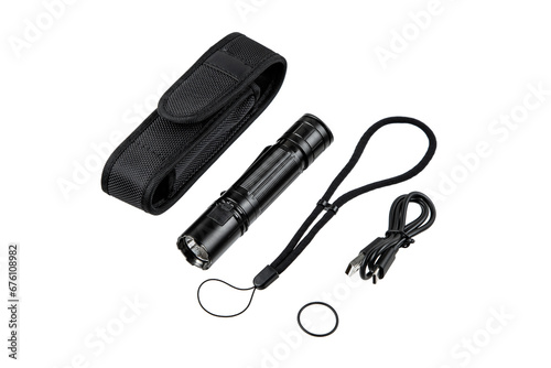 Modern metal LED flashlight in black color. Portable flashlight isolate on a white back