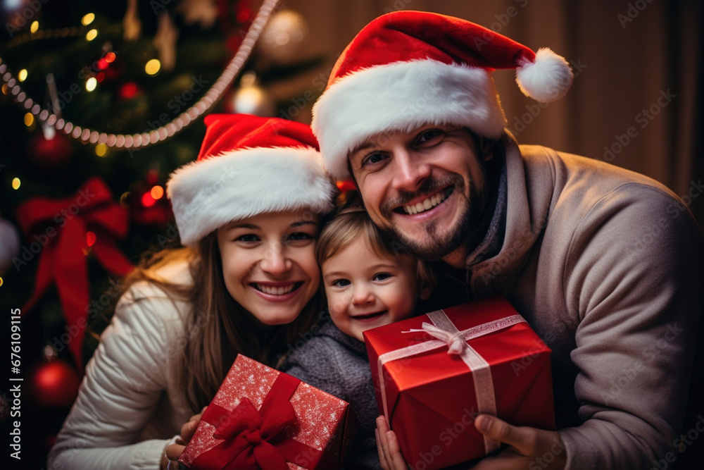 Holidays celebrating Xmas concept. Friendly happy cute married family spouses couple husband wife in red Santa Christmas hats and kid child hugging each other celebrating on the ocean sea beach. Holidays celebrating Xmas concept. Friendly happy cute married family spouses couple husband wife in red Santa Christmas hats and kid child hugging each other celebrating on the ocean sea beach.