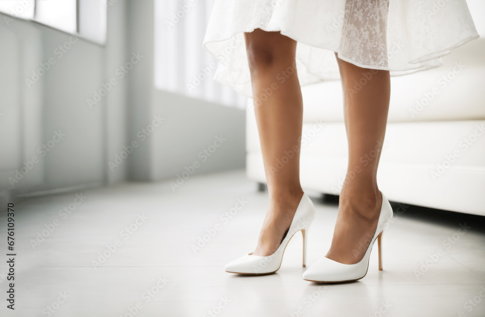 Beautiful Sexy Female legs wearing white high heels over white room Beautiful Sexy Female legs wearing white high heels over white room