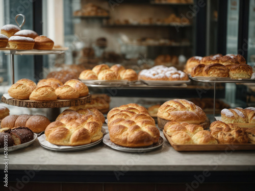 Bakery store showcase, different kinds of delicious fresh breads, cakes, buns and pastries in a baker shop cafe