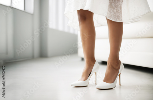 Beautiful Sexy Female legs wearing white high heels over white room