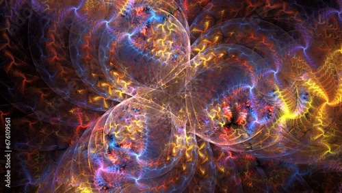 Fractal multicolored rotation metamorphoses. Sparkling spheres with curved fluids, particles circulating and rhythmically moving on dark. Abstract iridescent moving background. 4K UHD 4096x2304