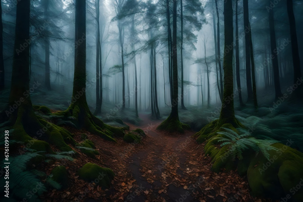 forest in the morning fog generated by AI technology