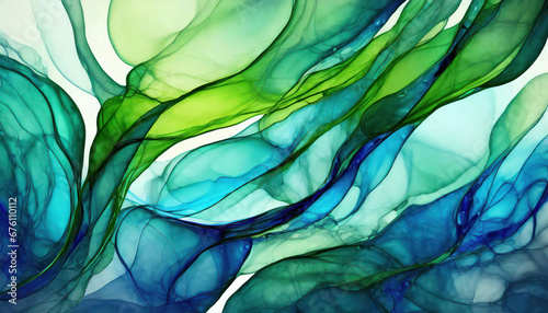 Flowing forms in green and blues