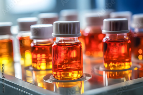 colorful hot-tone liquid in small container bottles in a fancy chemical lab experiment waiting to process in production trial.  photo