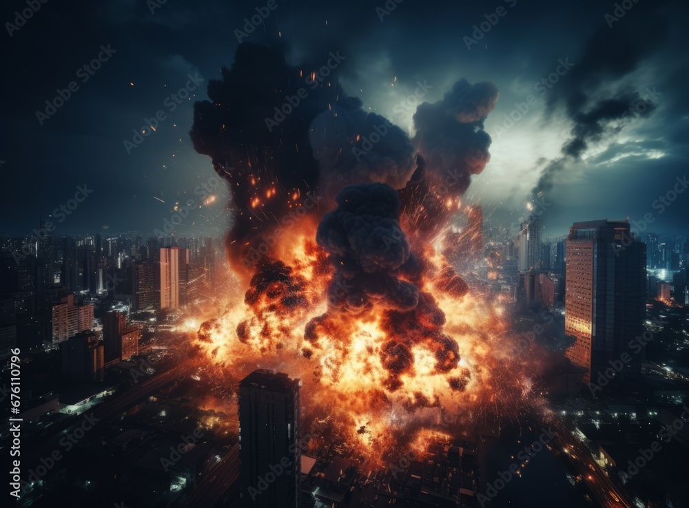 Powerful explosion of a cruise missile or phosphorus bomb among buildings and dense development. The moment of detonation at night city with debris flying amidst billowing thick black smoke and fire. - obrazy, fototapety, plakaty 