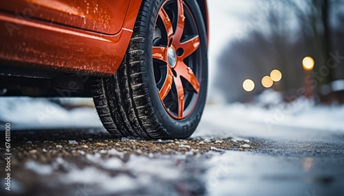 Snowy road close up of car tires, showcasing the importance of winter tires for safety and traction. photo