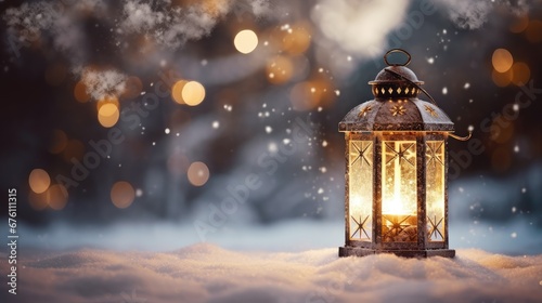  Mock up with Christmas lantern on blurred winter snowy background. Christmas and New Year decoration  background for presentation or showcase