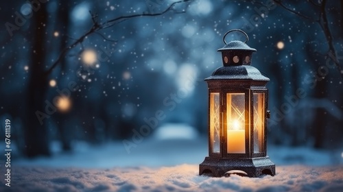  Mock up with Christmas lantern on blurred winter snowy background. Christmas and New Year decoration, background for presentation or showcase