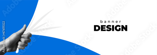Modern banner design with collage elements. Hand uncover curtain. Retro halftone hand opens curtain. Secret opening concept. Lifting veil of secrecy. Unmasking concept. Coming soon. Hidden surprise