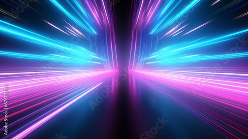 3d render. Abstract background of blue pink teal neon stripes and lasers ascending. wide angle, open space, tech Modern wallpaper © Bird Visual