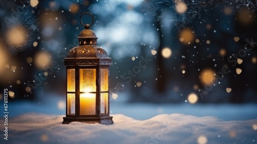 Mock up with Christmas lantern on blurred winter snowy background. Christmas and New Year decoration, background for presentation or showcase