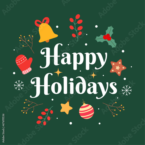 Happy holidays greeting card. Decorative Christmas square background with traditional holiday elements and lettering. Vector illustration.