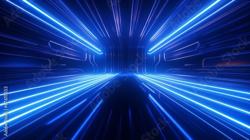 3d render. Abstract background of blue pink teal neon stripes and lasers ascending. wide angle, open space, tech Modern wallpaper