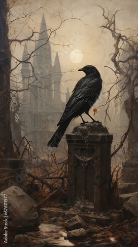 Gothic painting of a black raven on a stone post with a castle in the background photo