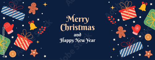 Holiday greeting card, banner, background. Merry Christmas and Happy New Year colorful vector illustration with gifts, cookies, mittens, and other holiday elements.