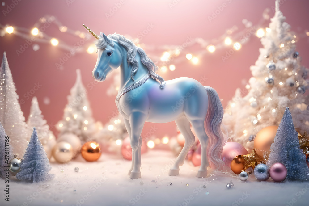 Realistic 3d decorative toy figurine of a little cute unicorn in Christmas decorations. Christmas winter holiday composition. Generative AI.