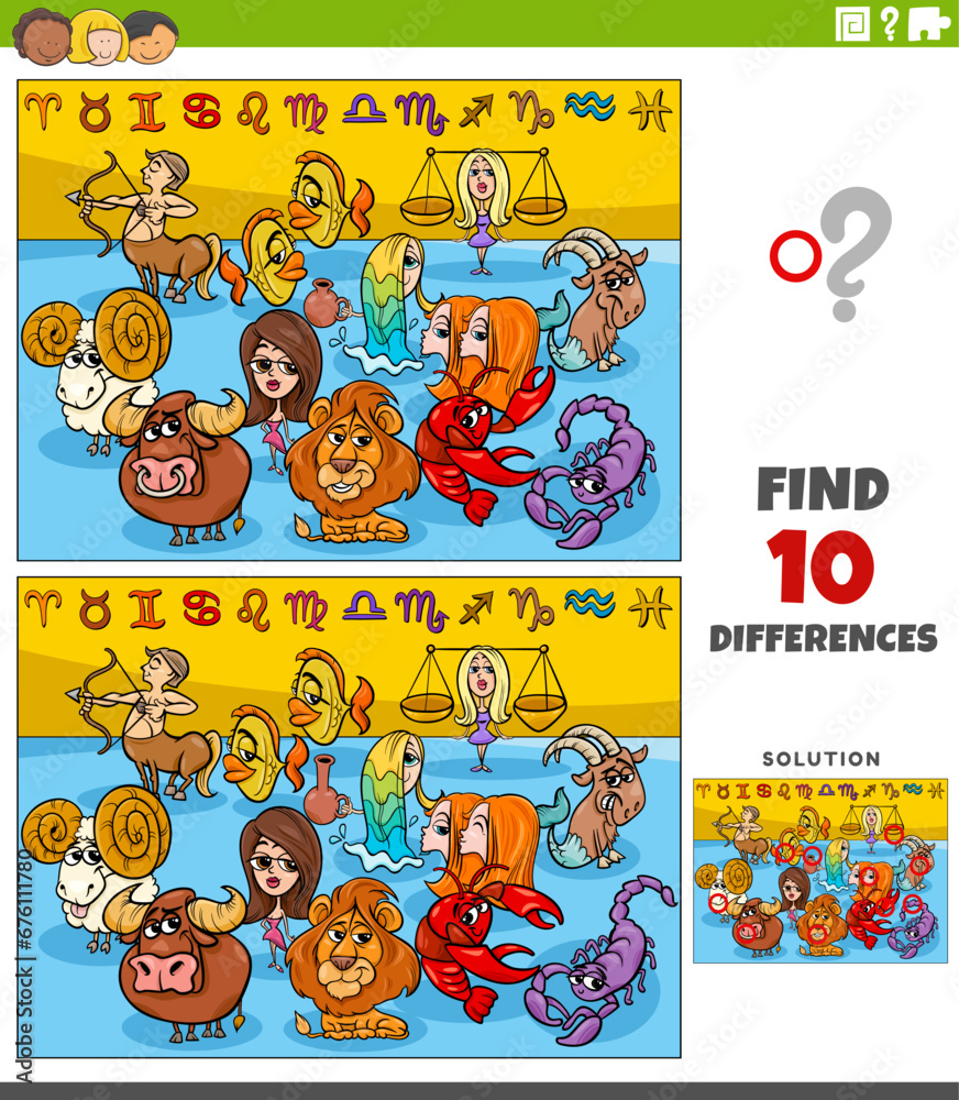 Fototapeta premium differences games with cartoon zodiac signs characters