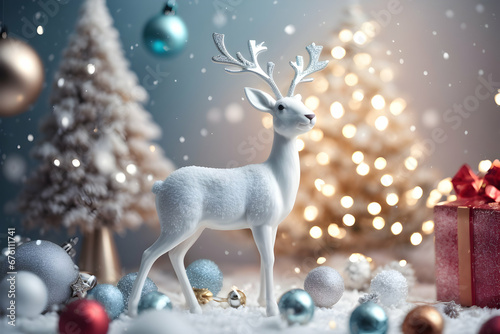 Realistic 3d decorative toy figurine of a little cute christmas reindeer in Christmas decorations. Christmas winter holiday composition. Generative AI. © nutalina